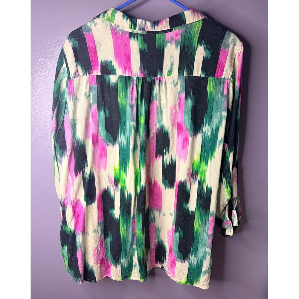 Colorful Lightweight Blouse Linen Blend Tunic Top Pockets 1X Beach Summer Casual - Picture 4 of 8